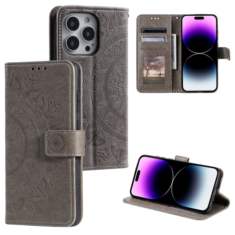 For iPhone 16 Pro Totem Flower Embossed Leather Phone Case(Grey) - iPhone 16 Pro Cases by PMC TechLife | Online Shopping South Africa | PMC TechLife | Buy Now Pay Later Mobicred