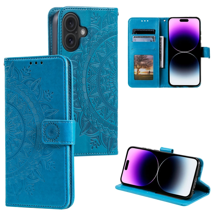 For iPhone 16 Totem Flower Embossed Leather Phone Case(Blue) - iPhone 16 Cases by PMC TechLife | Online Shopping South Africa | PMC TechLife | Buy Now Pay Later Mobicred