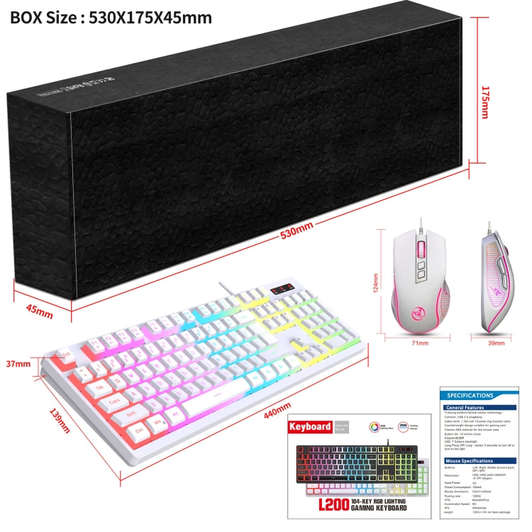 HXSJ L200+X100 Wired RGB Backlit Keyboard and Mouse Set 104 Pudding Key Caps + 3600DPI Mouse(White) - free shipping - PMC Jewellery - Order now!