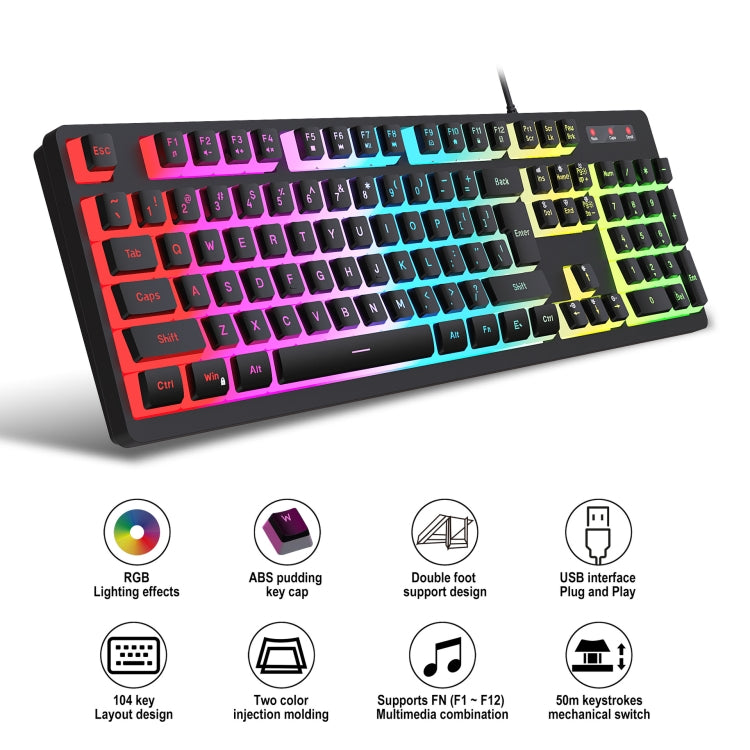 HXSJ L200 Wired RGB Backlit Keyboard 104 Pudding Key Caps(White) - free shipping - PMC Jewellery - Order now!