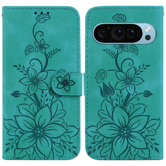 For Google Pixel 9 Pro Lily Embossed Leather Phone Case(Green) - Google Cases by PMC Jewellery | Online Shopping South Africa | PMC Jewellery | Buy Now Pay Later Mobicred