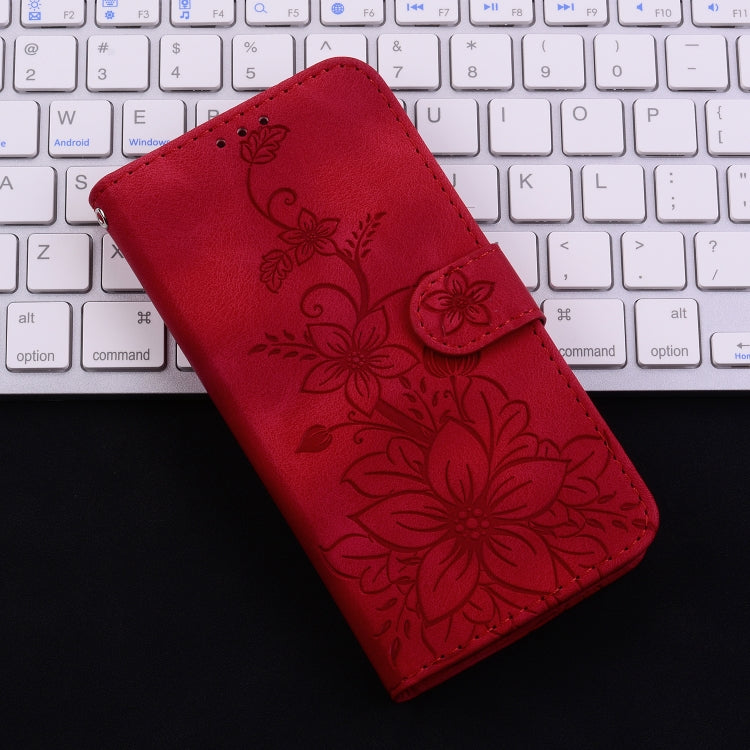 For iPhone 16e Lily Embossed Leather Phone Case(Red) - iPhone 16e Cases by PMC TechLife | Online Shopping South Africa | PMC TechLife | Buy Now Pay Later Mobicred