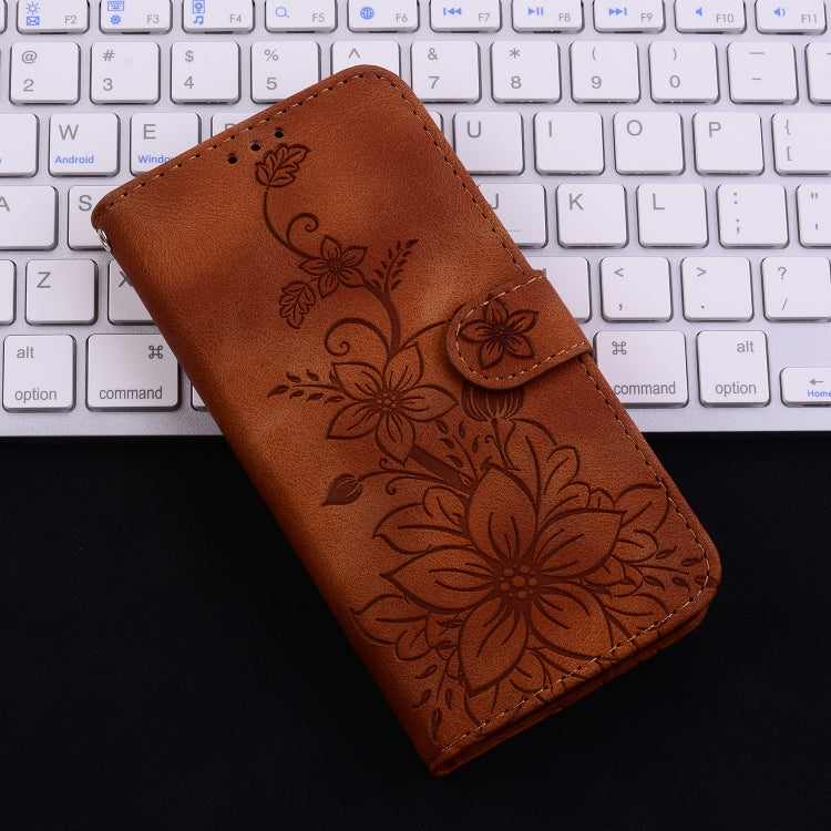 For iPhone 16 Plus Lily Embossed Leather Phone Case(Brown) - free shipping - PMC TechLife - Order now!