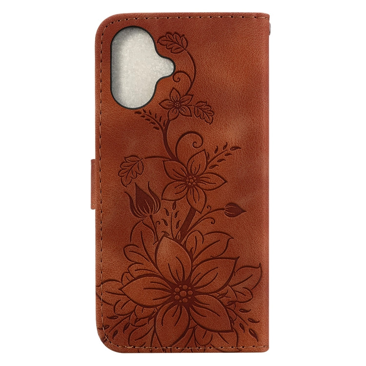 For iPhone 16 Plus Lily Embossed Leather Phone Case(Brown) - free shipping - PMC TechLife - Order now!