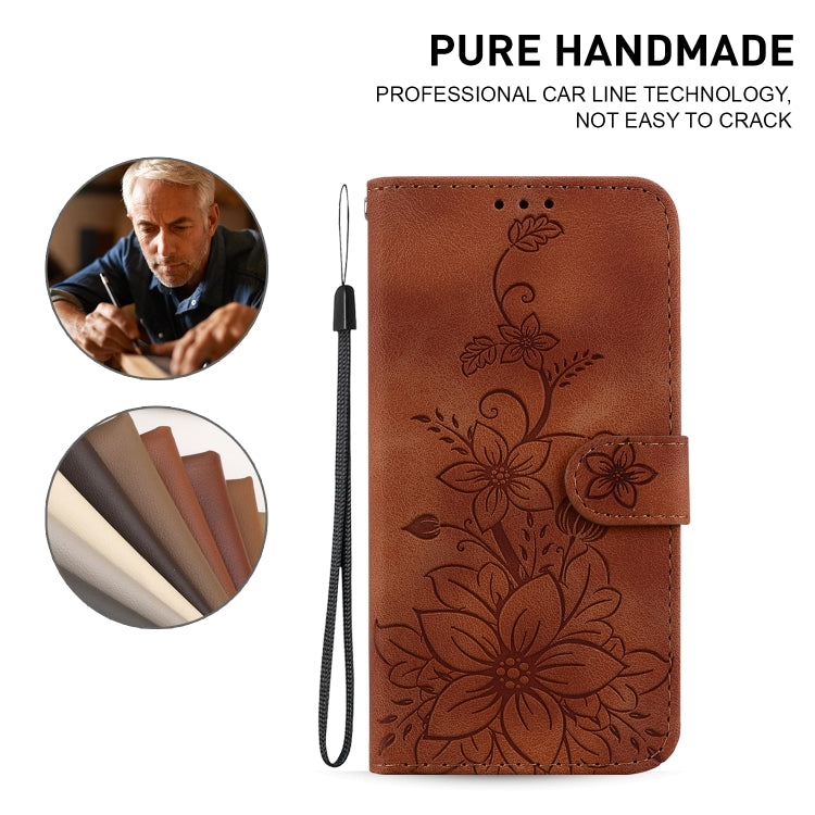 For iPhone 16 Plus Lily Embossed Leather Phone Case(Brown) - free shipping - PMC TechLife - Order now!