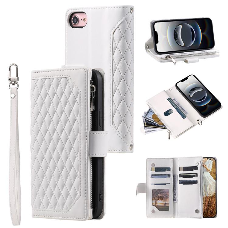 For iPhone 16e Grid Texture Zipper Leather Phone Case with Lanyard(White) - iPhone 16e Cases by PMC TechLife | Online Shopping South Africa | PMC TechLife | Buy Now Pay Later Mobicred