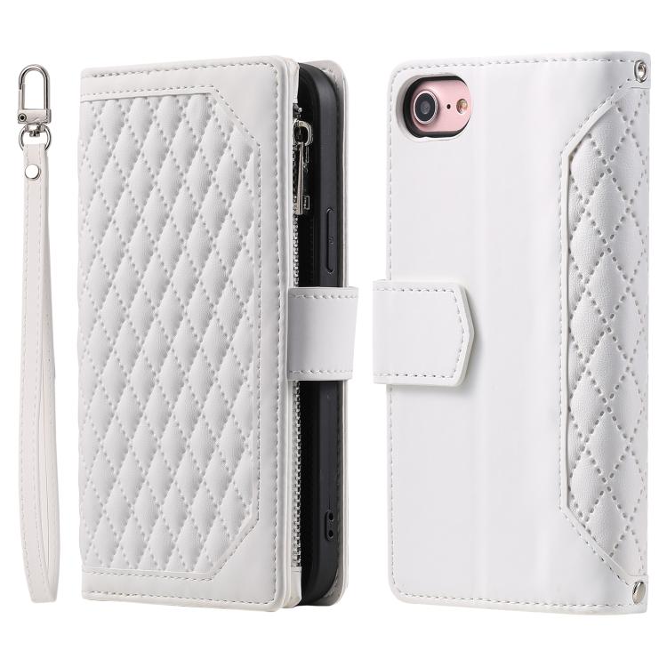 For iPhone 16e Grid Texture Zipper Leather Phone Case with Lanyard(White) - iPhone 16e Cases by PMC TechLife | Online Shopping South Africa | PMC TechLife | Buy Now Pay Later Mobicred
