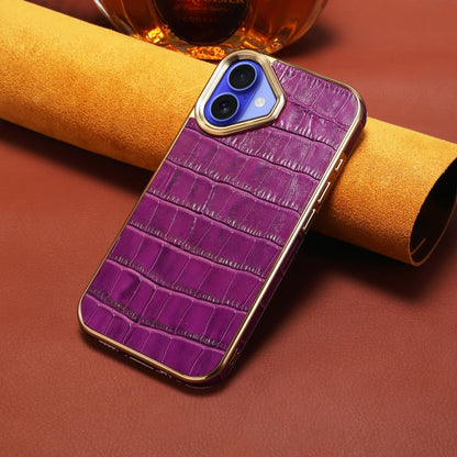 For iPhone 16 Plus Denior Crocodile Texture Genuine Leather Electroplating Phone Case(Purple) - More iPhone Cases by Denior | Online Shopping South Africa | PMC Jewellery | Buy Now Pay Later Mobicred