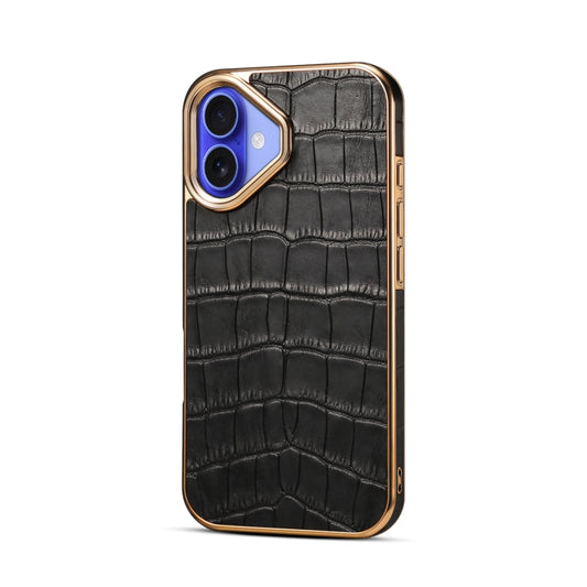 For iPhone 16 Denior Crocodile Texture Genuine Leather Electroplating Phone Case(Black) - More iPhone Cases by Denior | Online Shopping South Africa | PMC Jewellery | Buy Now Pay Later Mobicred