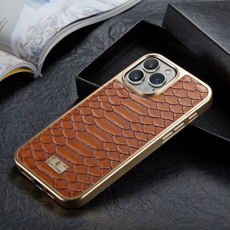 For iPhone 16 Pro Fierre Shann Python Texture Electroplating PU Phone Case(Brown) - iPhone 16 Pro Cases by FIERRE SHANN | Online Shopping South Africa | PMC Jewellery | Buy Now Pay Later Mobicred