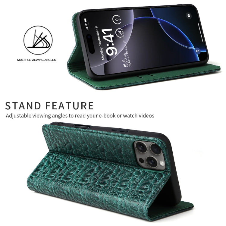 For iPhone 16 Pro Max Fierre Shann Crocodile Texture Magnetic Genuine Leather Phone Case(Green) - free shipping - PMC Jewellery - Order now!