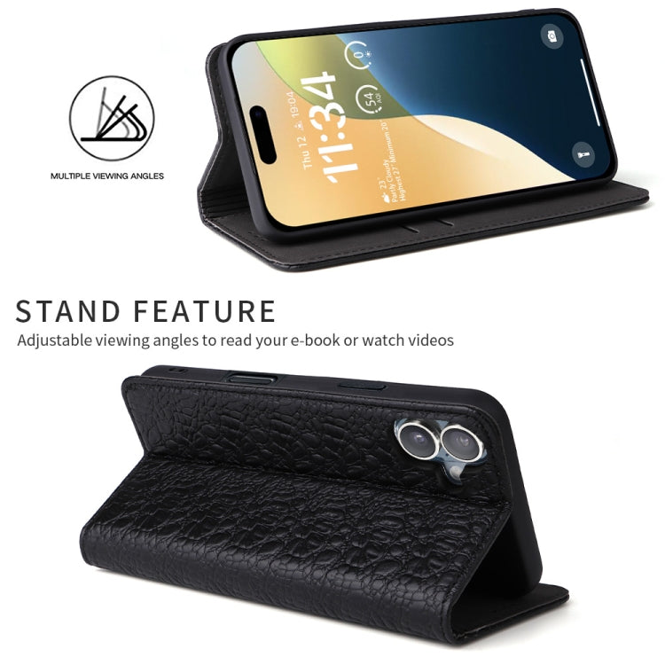For iPhone 16 Plus Fierre Shann Crocodile Texture Magnetic Genuine Leather Phone Case(Black) - free shipping - PMC Jewellery - Order now!