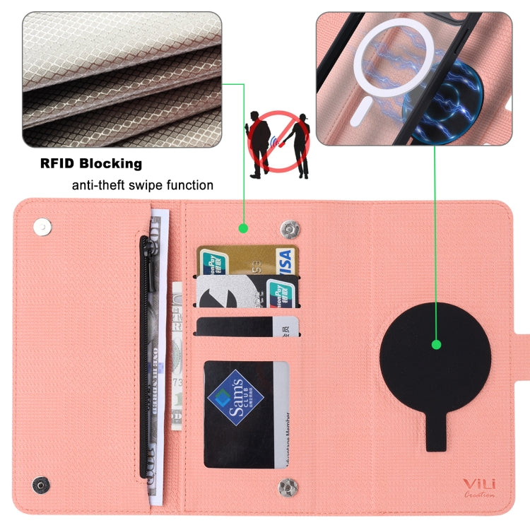 For iPhone 13 ViLi GHB Series MagSafe Magnetic Zipper Leather Phone Case(Pink) - iPhone 13 Cases by ViLi | Online Shopping South Africa | PMC Jewellery | Buy Now Pay Later Mobicred