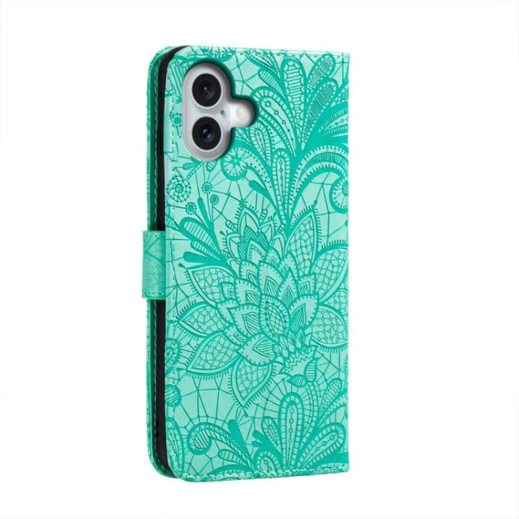 For iPhone 16 Plus Lace Flower Embossing Flip Leather Phone Case(Green) - iPhone 16 Plus Cases by PMC Jewellery | Online Shopping South Africa | PMC Jewellery | Buy Now Pay Later Mobicred