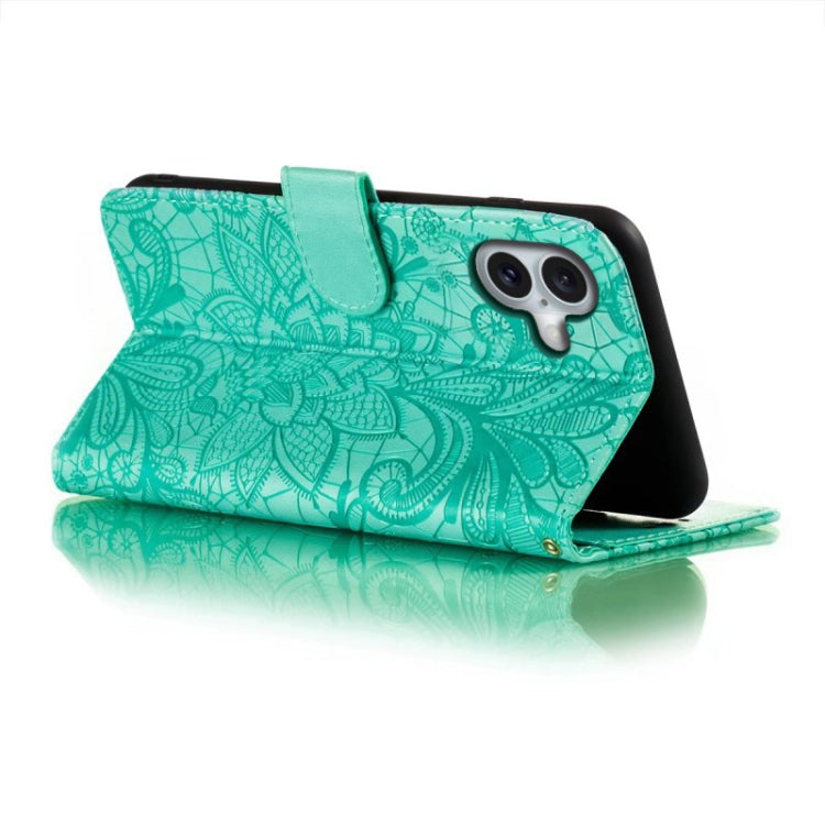 For iPhone 16 Plus Lace Flower Embossing Flip Leather Phone Case(Green) - iPhone 16 Plus Cases by PMC Jewellery | Online Shopping South Africa | PMC Jewellery | Buy Now Pay Later Mobicred