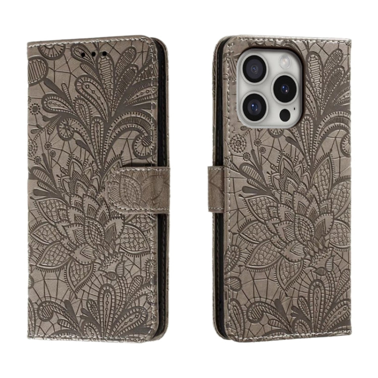 For iPhone 16 Pro Lace Flower Embossing Flip Leather Phone Case(Grey) - iPhone 16 Pro Cases by PMC Jewellery | Online Shopping South Africa | PMC Jewellery | Buy Now Pay Later Mobicred