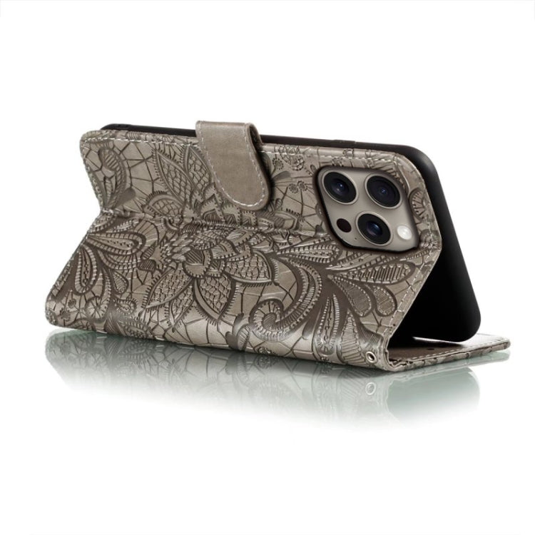 For iPhone 16 Pro Max Lace Flower Embossing Flip Leather Phone Case(Grey) - iPhone 16 Pro Max Cases by PMC TechLife | Online Shopping South Africa | PMC TechLife | Buy Now Pay Later Mobicred