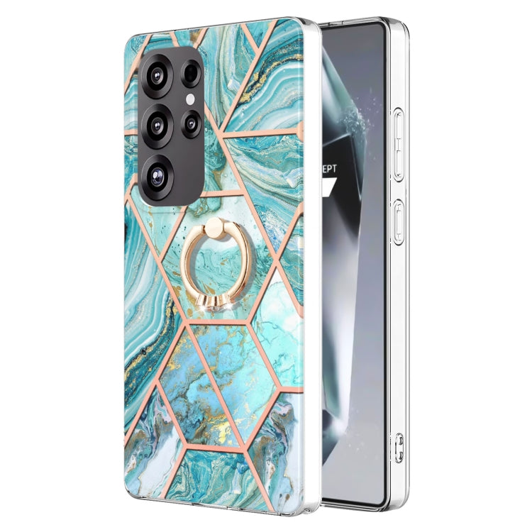 For Samsung Galaxy S25 Ultra 5G Splicing Marble Flower IMD TPU Phone Case Ring Holder(Blue) - Galaxy S25 Ultra 5G Cases by PMC Jewellery | Online Shopping South Africa | PMC Jewellery | Buy Now Pay Later Mobicred