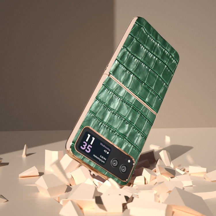 For Motorola Razr 40 Crocodile Texture Genuine Leather Electroplating Phone Case(Dark Green) - Motorola Cases by PMC TechLife | Online Shopping South Africa | PMC TechLife | Buy Now Pay Later Mobicred