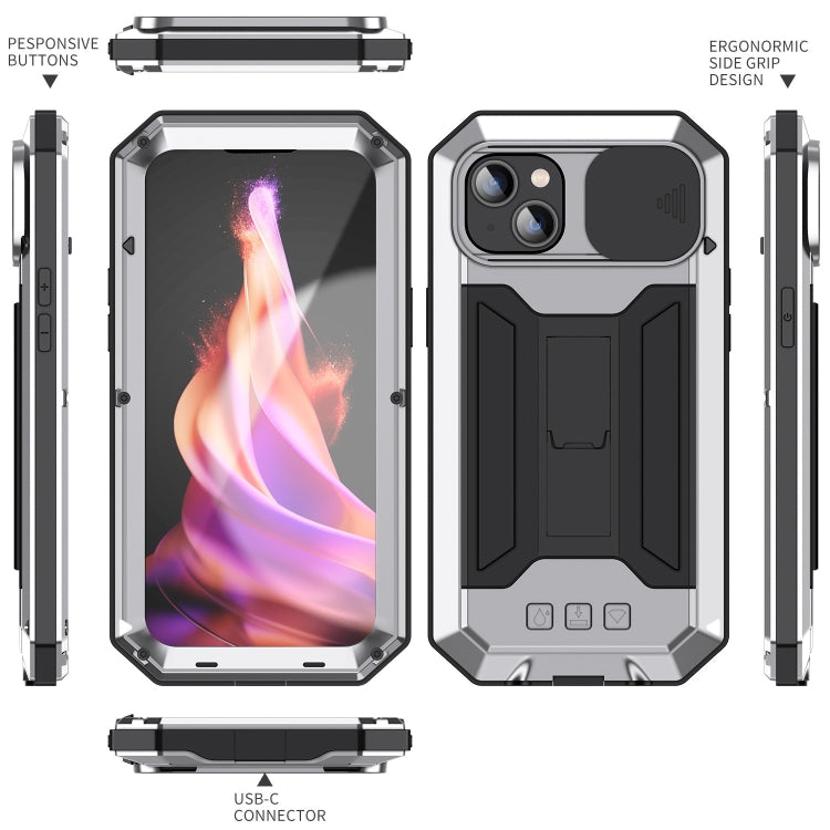 For iPhone 15 Plus R-JUST Sliding Camera IP54 Life Waterproof Holder Phone Case(Silver) - free shipping - PMC TechLife - Order now!