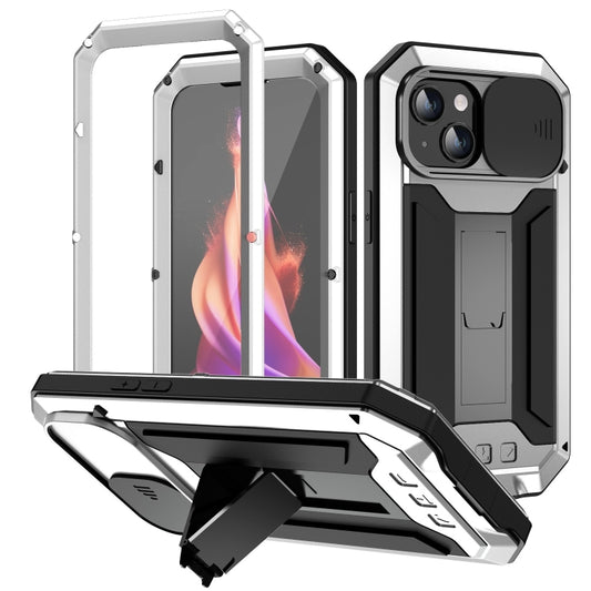 For iPhone 15 R-JUST Sliding Camera Life Waterproof Holder Phone Case(Silver) - iPhone 15 Cases by R-JUST | Online Shopping South Africa | PMC Jewellery