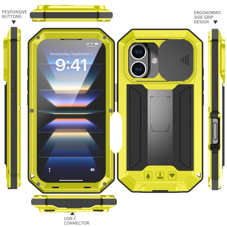 For iPhone 16 Plus R-JUST Sliding Camera IP54 Life Waterproof Holder Phone Case(Yellow) - free shipping - PMC Jewellery - Order now!