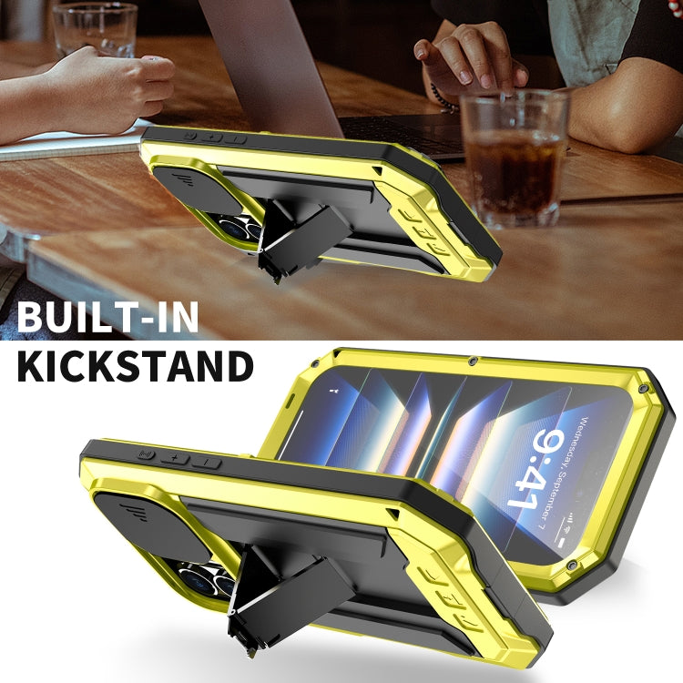 For iPhone 16 Plus R-JUST Sliding Camera IP54 Life Waterproof Holder Phone Case(Yellow) - free shipping - PMC Jewellery - Order now!