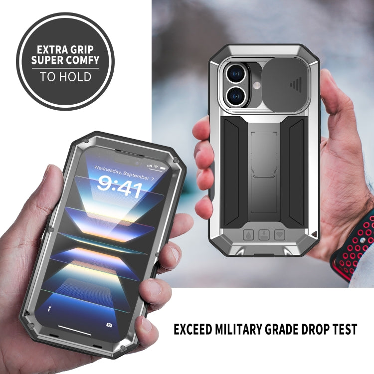 For iPhone 16 Plus R-JUST Sliding Camera IP54 Life Waterproof Holder Phone Case(Silver) - iPhone 16 Plus Cases by R-JUST | Online Shopping South Africa | PMC Jewellery | Buy Now Pay Later Mobicred