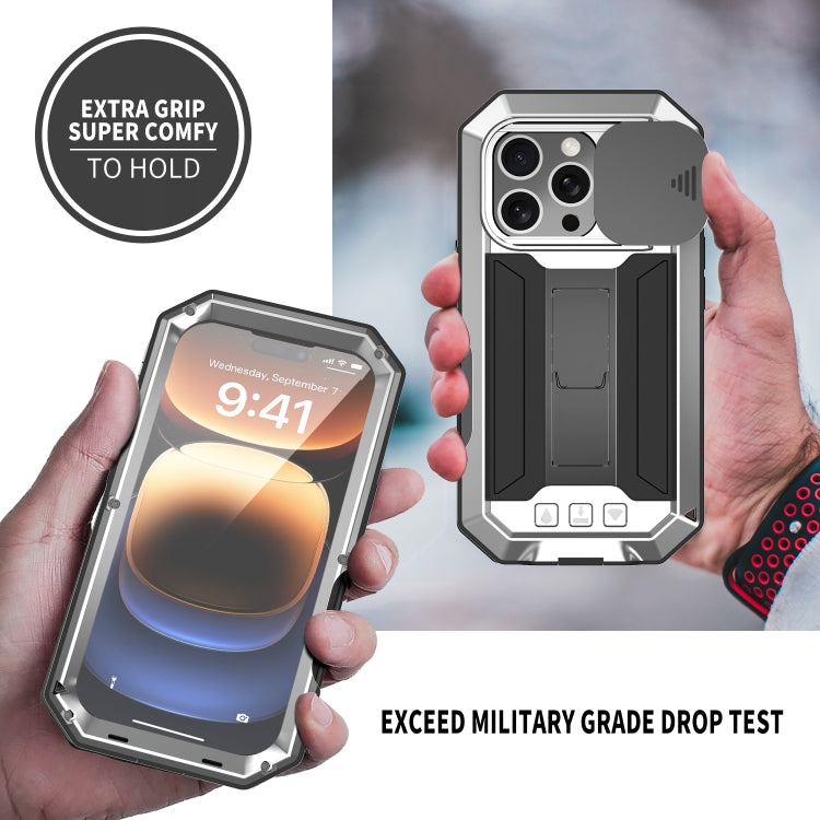 For iPhone 16 Pro R-JUST Sliding Camera IP54 Life Waterproof Holder Phone Case(Silver) - iPhone 16 Pro Cases by R-JUST | Online Shopping South Africa | PMC Jewellery | Buy Now Pay Later Mobicred