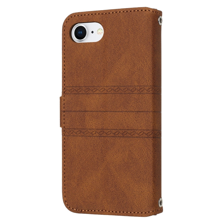 For iPhone 16e Embossed Stripes Skin Feel Leather Phone Case(Brown) - free shipping - PMC TechLife - Order now!