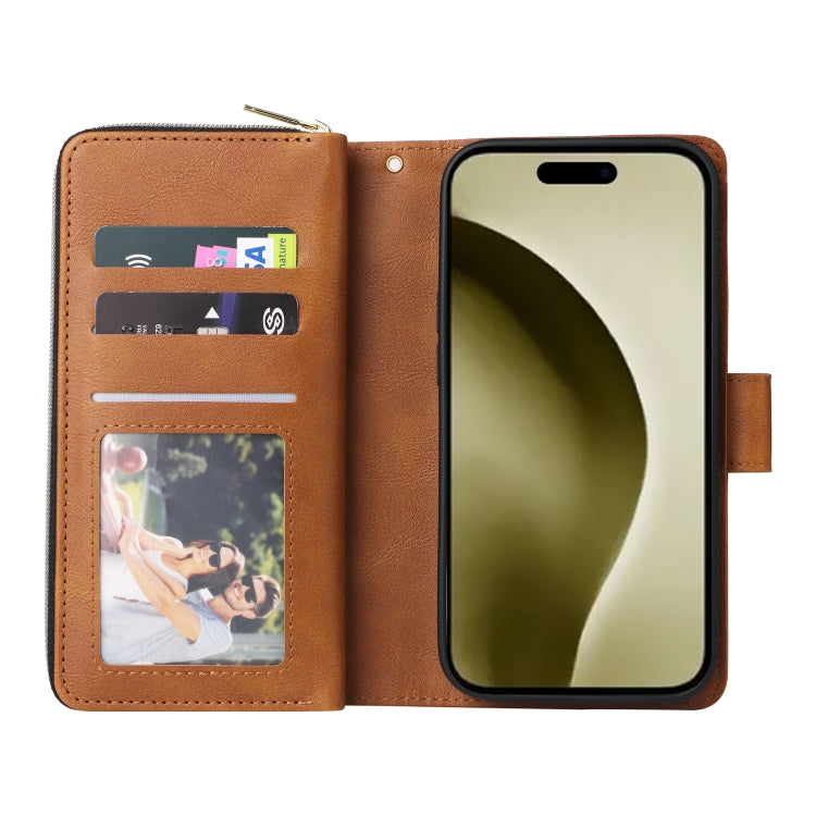For iPhone 16 Pro 9 Card Slots Zipper Wallet Bag Leather Phone Case(Brown) - iPhone 16 Pro Cases by PMC TechLife | Online Shopping South Africa | PMC TechLife | Buy Now Pay Later Mobicred