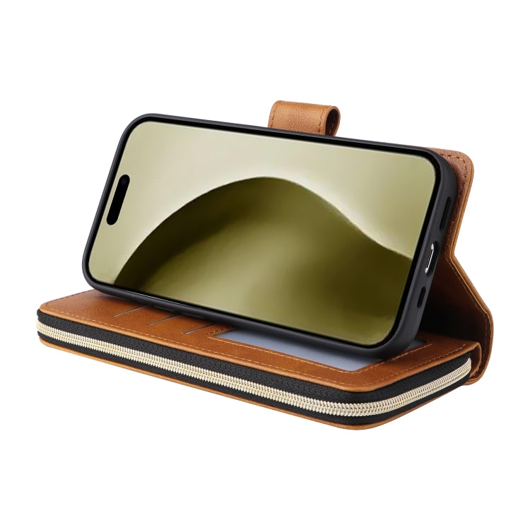 For iPhone 16 Pro 9 Card Slots Zipper Wallet Bag Leather Phone Case(Brown) - iPhone 16 Pro Cases by PMC TechLife | Online Shopping South Africa | PMC TechLife | Buy Now Pay Later Mobicred
