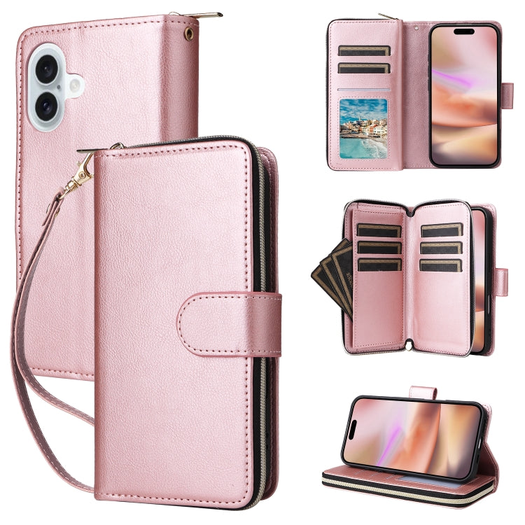 For iPhone 16 Plus 9 Card Slots Zipper Wallet Bag Leather Phone Case(Rose Gold) - free shipping - PMC Jewellery - Order now!