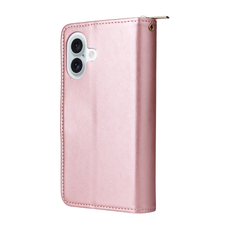 For iPhone 16 Plus 9 Card Slots Zipper Wallet Bag Leather Phone Case(Rose Gold) - free shipping - PMC Jewellery - Order now!