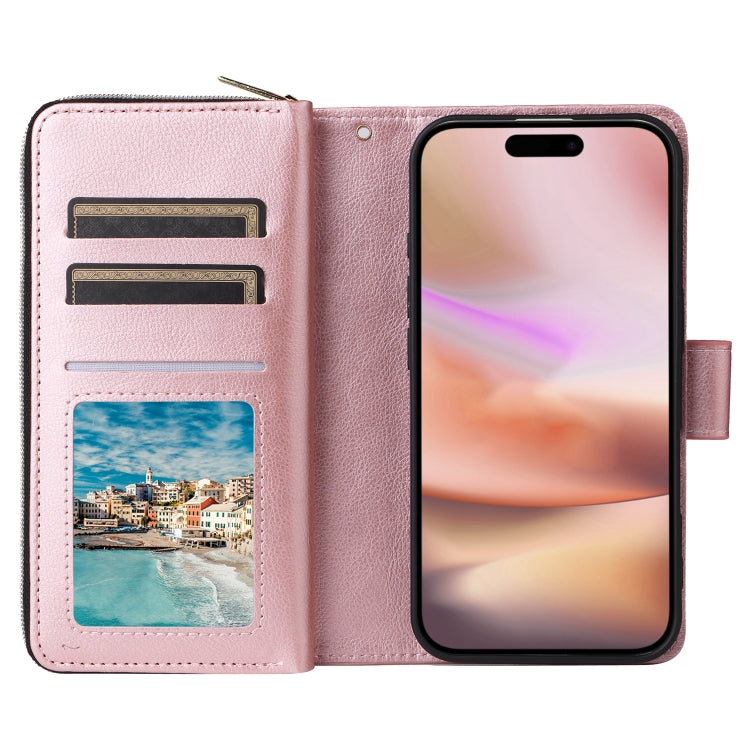 For iPhone 16 Plus 9 Card Slots Zipper Wallet Bag Leather Phone Case(Rose Gold) - free shipping - PMC Jewellery - Order now!