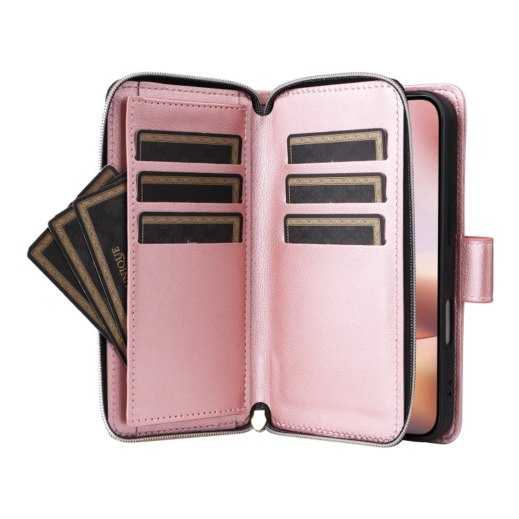 For iPhone 16 Plus 9 Card Slots Zipper Wallet Bag Leather Phone Case(Rose Gold) - free shipping - PMC Jewellery - Order now!