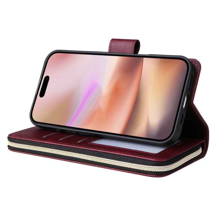 For iPhone 16 Plus 9 Card Slots Zipper Wallet Bag Leather Phone Case(Wine Red) - free shipping - PMC TechLife - Order now!