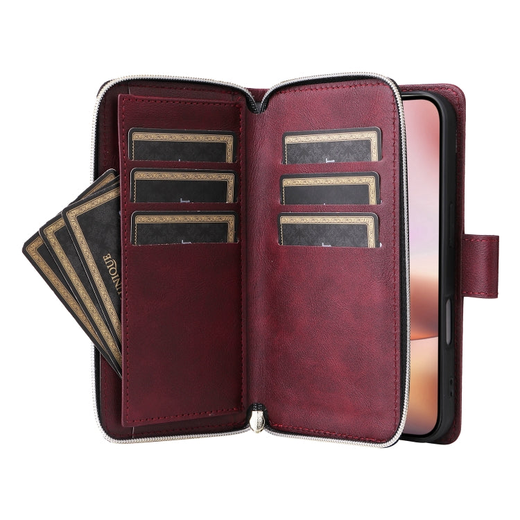 For iPhone 16 Plus 9 Card Slots Zipper Wallet Bag Leather Phone Case(Wine Red) - free shipping - PMC TechLife - Order now!