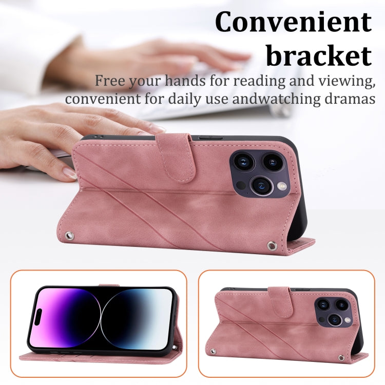 For iPhone 16 Pro Embossed Line Leather Phone Case with Lanyard(Pink) - iPhone 16 Pro Cases by PMC Jewellery | Online Shopping South Africa | PMC Jewellery | Buy Now Pay Later Mobicred