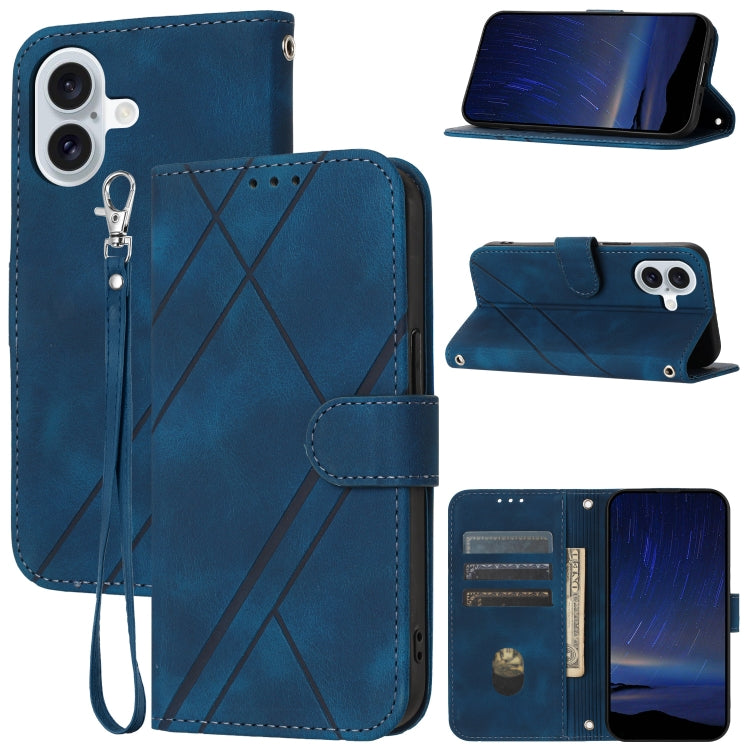 For iPhone 16 Embossed Line Leather Phone Case with Lanyard(Blue) - free shipping - PMC TechLife - Order now!