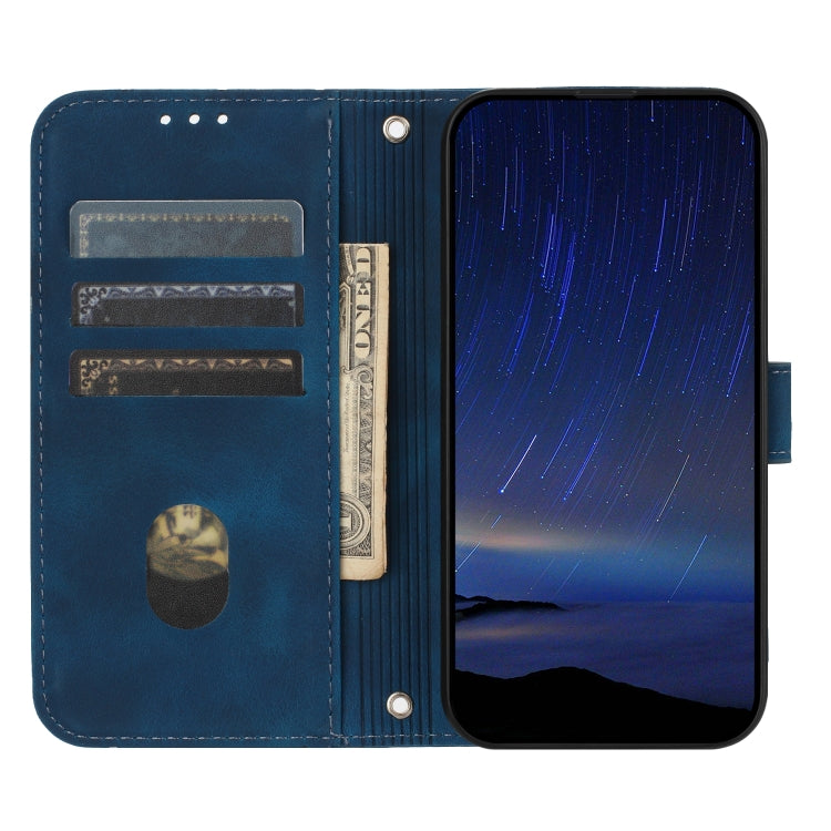 For iPhone 16 Embossed Line Leather Phone Case with Lanyard(Blue) - free shipping - PMC TechLife - Order now!