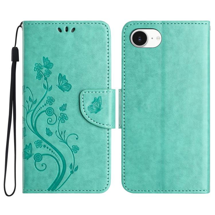 For iPhone 16e Butterfly Flower Pattern Flip Leather Phone Case(Green) - iPhone 16e Cases by PMC TechLife | Online Shopping South Africa | PMC TechLife | Buy Now Pay Later Mobicred