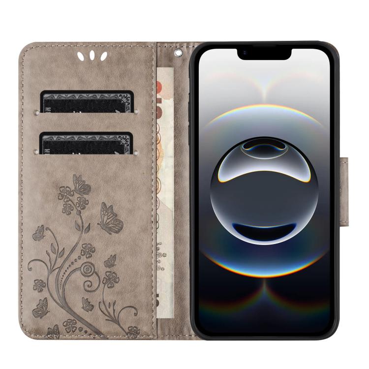 For iPhone 16e Butterfly Flower Pattern Flip Leather Phone Case(Grey) - iPhone 16e Cases by PMC TechLife | Online Shopping South Africa | PMC TechLife | Buy Now Pay Later Mobicred