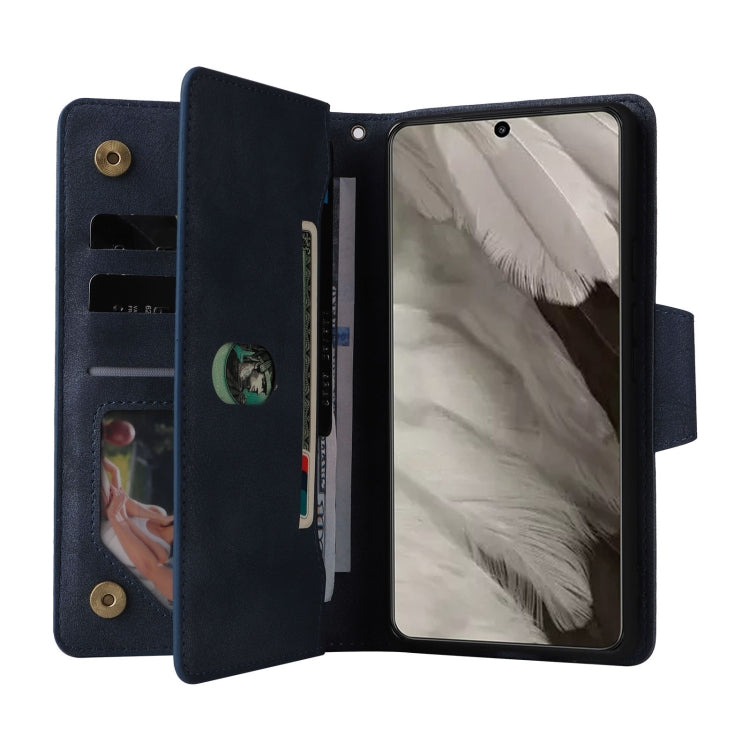 For Google Pixel 8 Rivet Buckle 9 Cards Three Fold Leather Phone Case(Blue) - Google Cases by PMC TechLife | Online Shopping South Africa | PMC TechLife | Buy Now Pay Later Mobicred