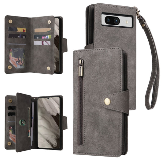 For Google Pixel 8 Rivet Buckle 9 Cards Three Fold Leather Phone Case(Grey) - Google Cases by PMC Jewellery | Online Shopping South Africa | PMC Jewellery | Buy Now Pay Later Mobicred