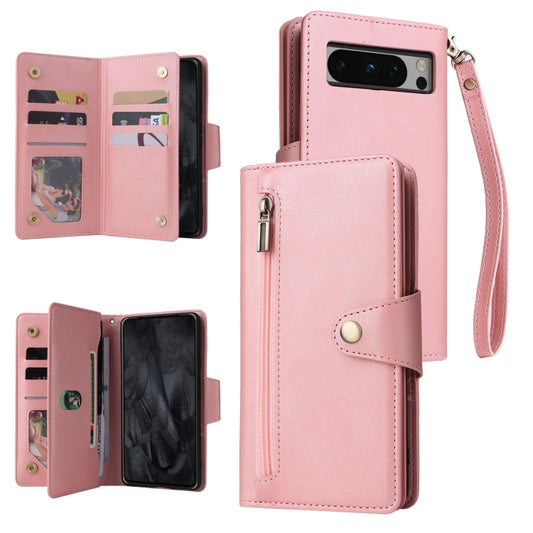 For Google Pixel 8 Pro Rivet Buckle 9 Cards Three Fold Leather Phone Case(Rose Gold) - Google Cases by PMC Jewellery | Online Shopping South Africa | PMC Jewellery | Buy Now Pay Later Mobicred