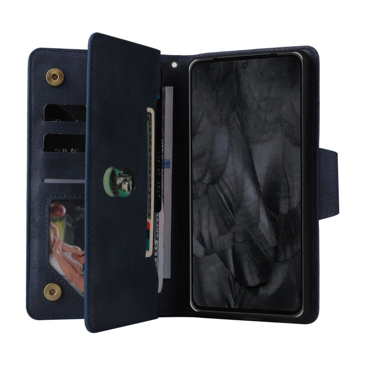 For Google Pixel 8 Pro Rivet Buckle 9 Cards Three Fold Leather Phone Case(Blue) - Google Cases by PMC TechLife | Online Shopping South Africa | PMC TechLife | Buy Now Pay Later Mobicred