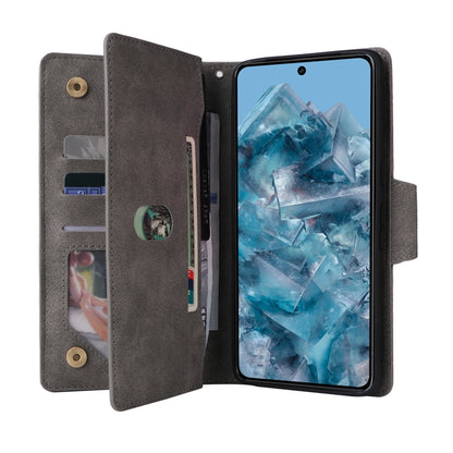 For Google Pixel 8a Rivet Buckle 9 Cards Three Fold Leather Phone Case(Grey) - Google Cases by PMC Jewellery | Online Shopping South Africa | PMC Jewellery | Buy Now Pay Later Mobicred