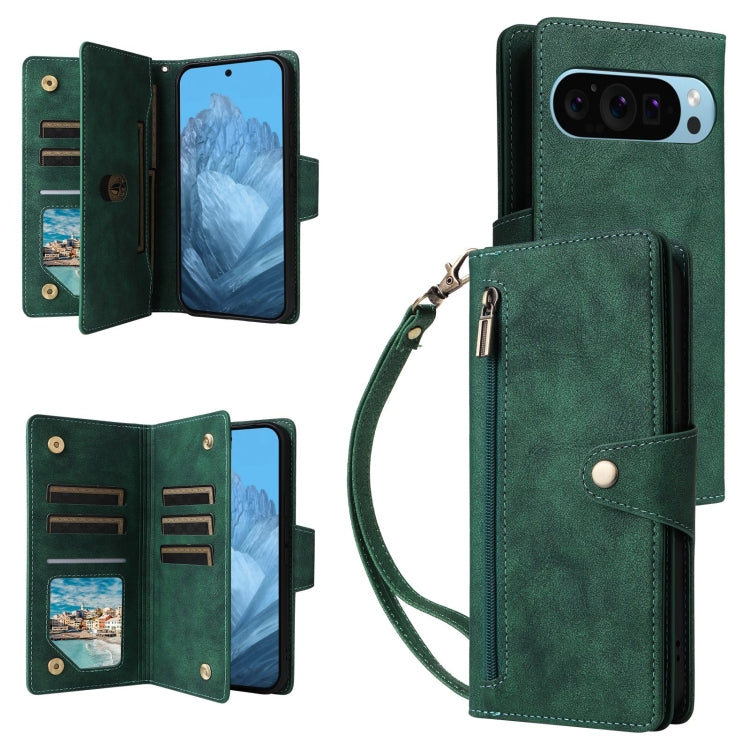 For Google Pixel 9 Rivet Buckle 9 Cards Three Fold Leather Phone Case(Green) - Google Cases by PMC TechLife | Online Shopping South Africa | PMC TechLife | Buy Now Pay Later Mobicred