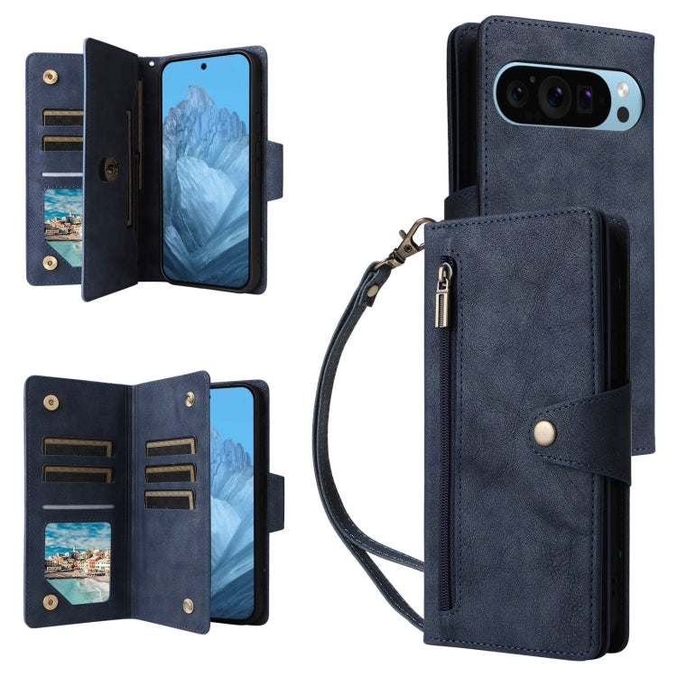 For Google Pixel 9 Rivet Buckle 9 Cards Three Fold Leather Phone Case(Blue) - Google Cases by PMC Jewellery | Online Shopping South Africa | PMC Jewellery | Buy Now Pay Later Mobicred